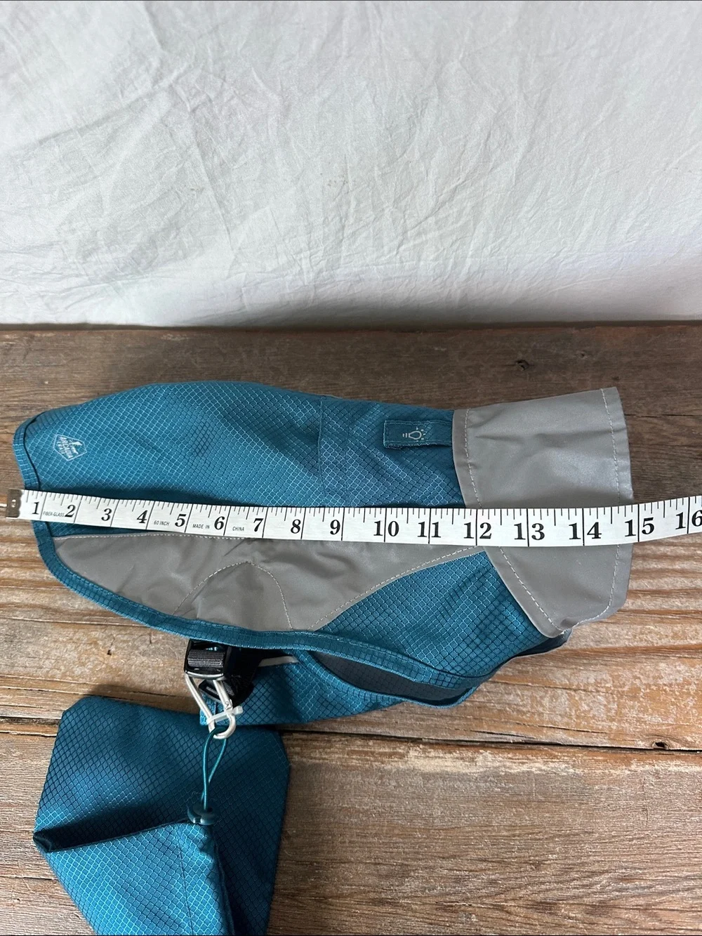 Teal Dog Jacket with Reflective Silver Panel and Matching Pouch